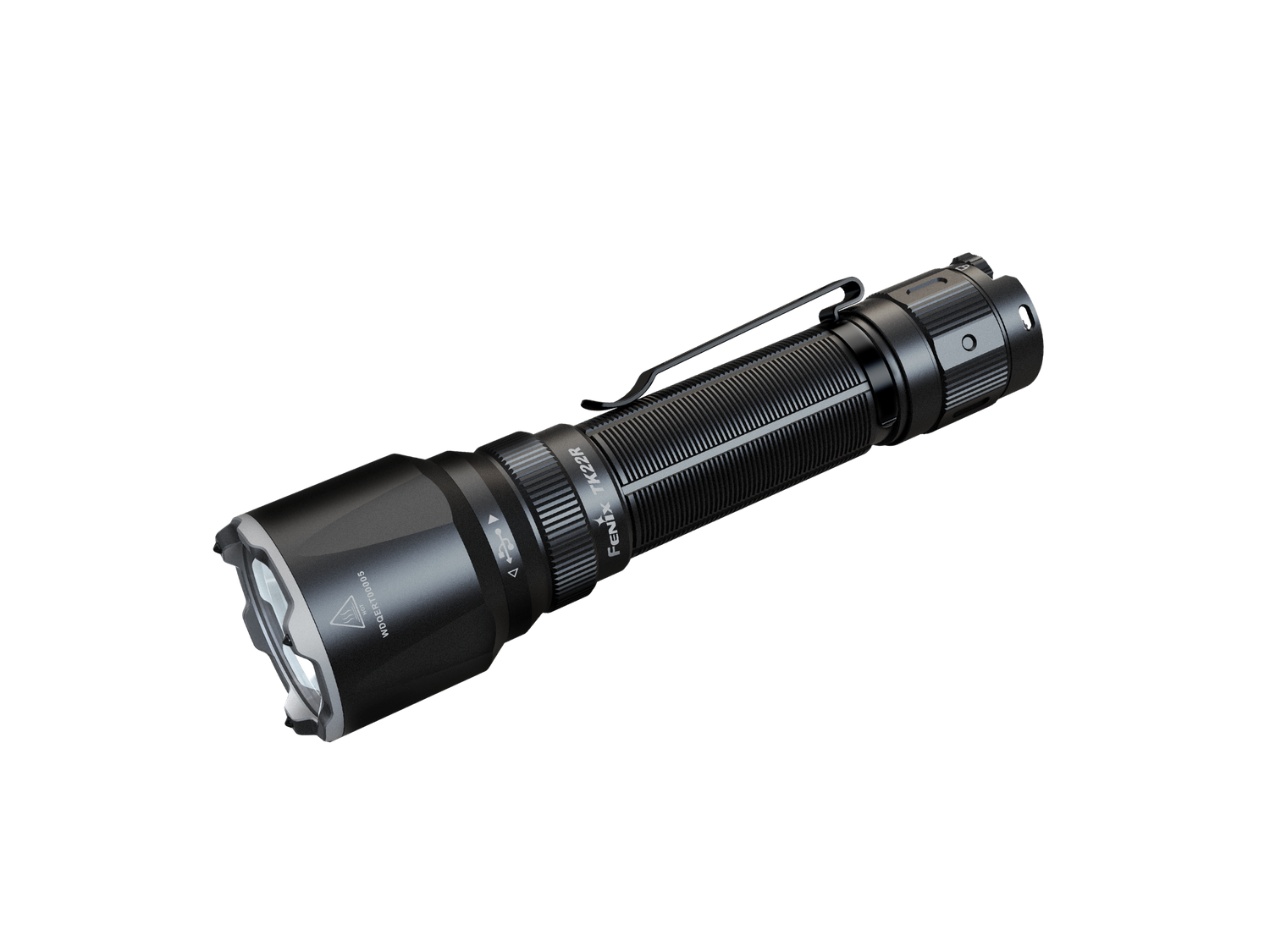 Fenix TK22R rechargeable tactical flashlight with high beam and sturdy black body, designed for duty and outdoor use.