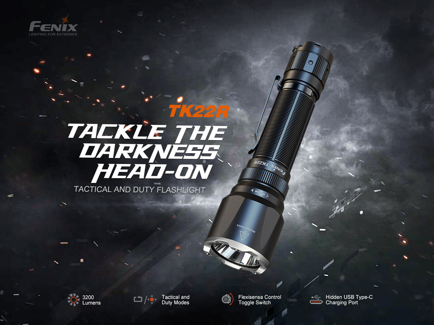 Fenix TK22R rechargeable tactical flashlight with black body and textured grip, designed for duty and outdoor use.