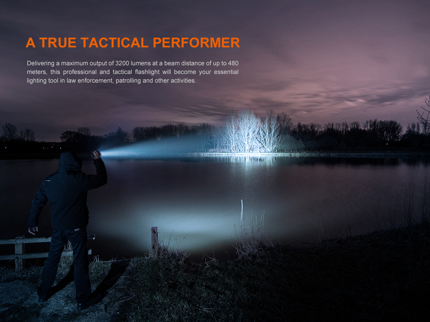 Fenix TK22R rechargeable tactical flashlight with black body, focusing beam, and textured grip for tactical or duty use.