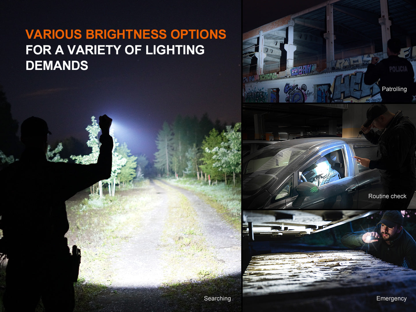 Fenix TK22R rechargeable tactical duty flashlight with black body, focusing beam, and textured grip for tactical use.