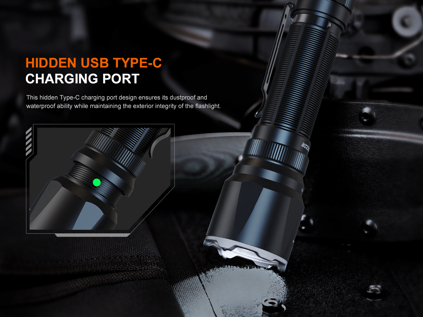Fenix TK22R rechargeable tactical flashlight with black body and textured grip, designed for duty and outdoor use