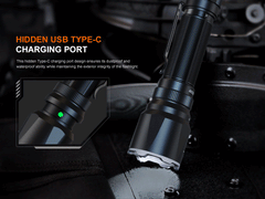 Fenix TK22R rechargeable tactical flashlight with black body and textured grip, designed for duty and outdoor use