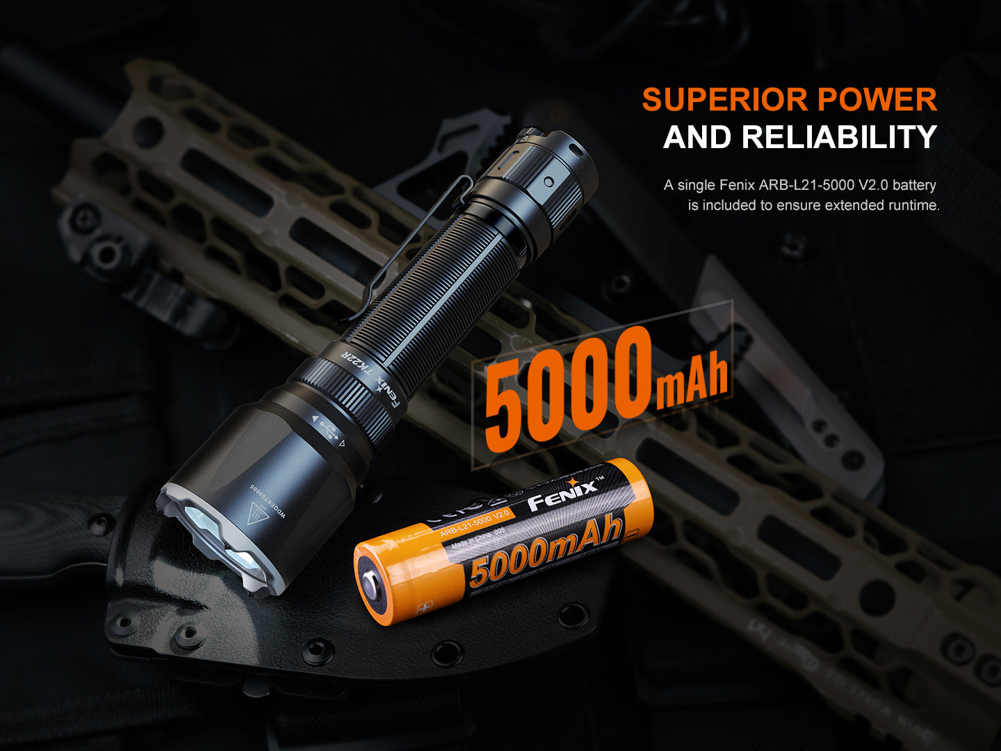 Fenix TK22R rechargeable tactical flashlight with adjustable beam and durable body, designed for duty and outdoor use.