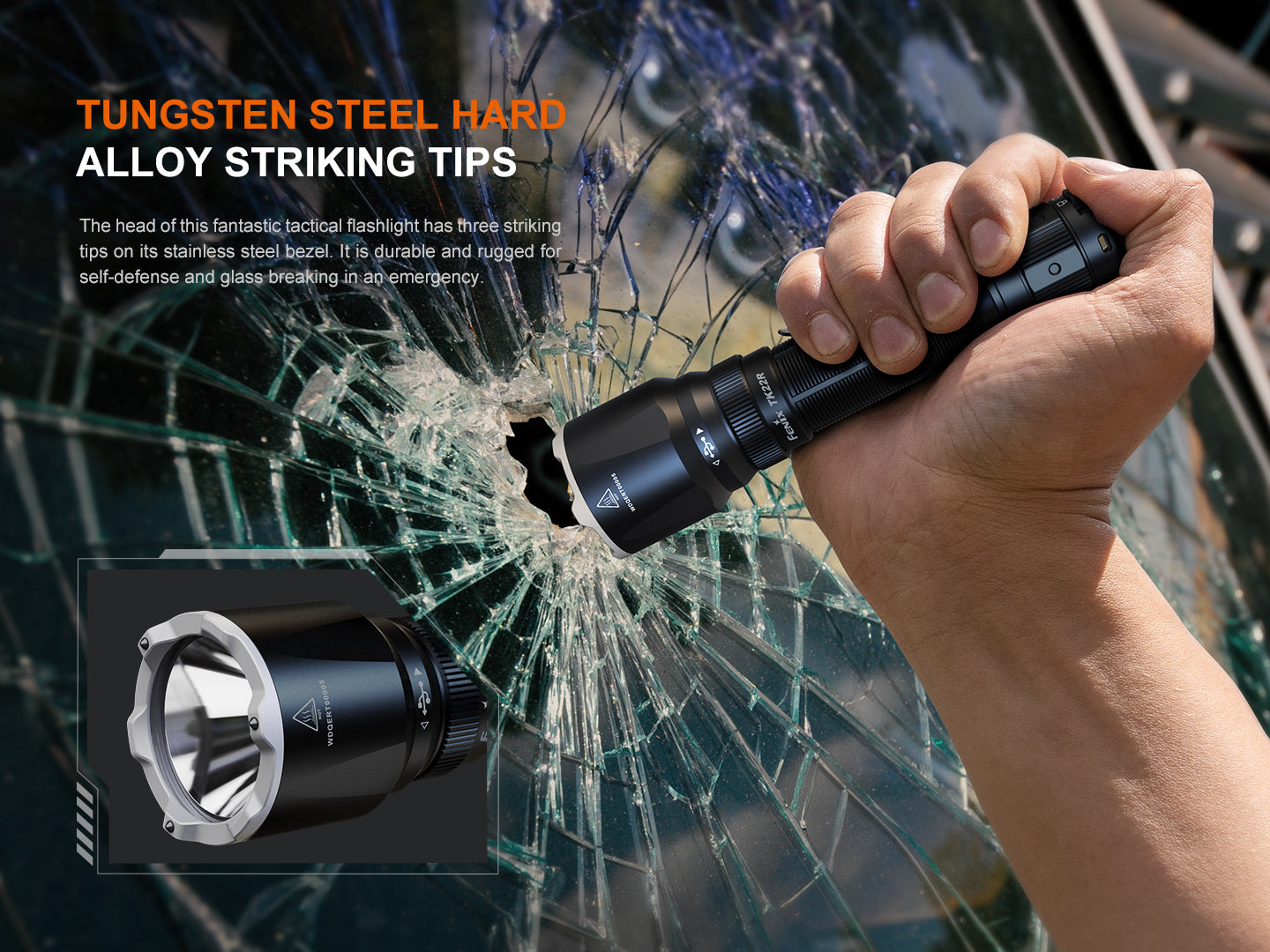Fenix TK22R rechargeable tactical duty flashlight with high beam and sturdy black body, suitable for outdoor and professional use.