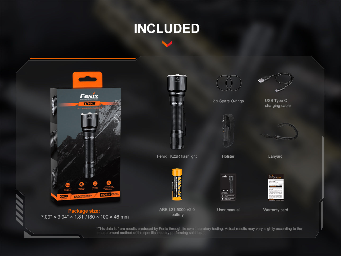 Fenix TK22R rechargeable tactical flashlight with black body, focusing beam, and textured grip for tactical and duty use.