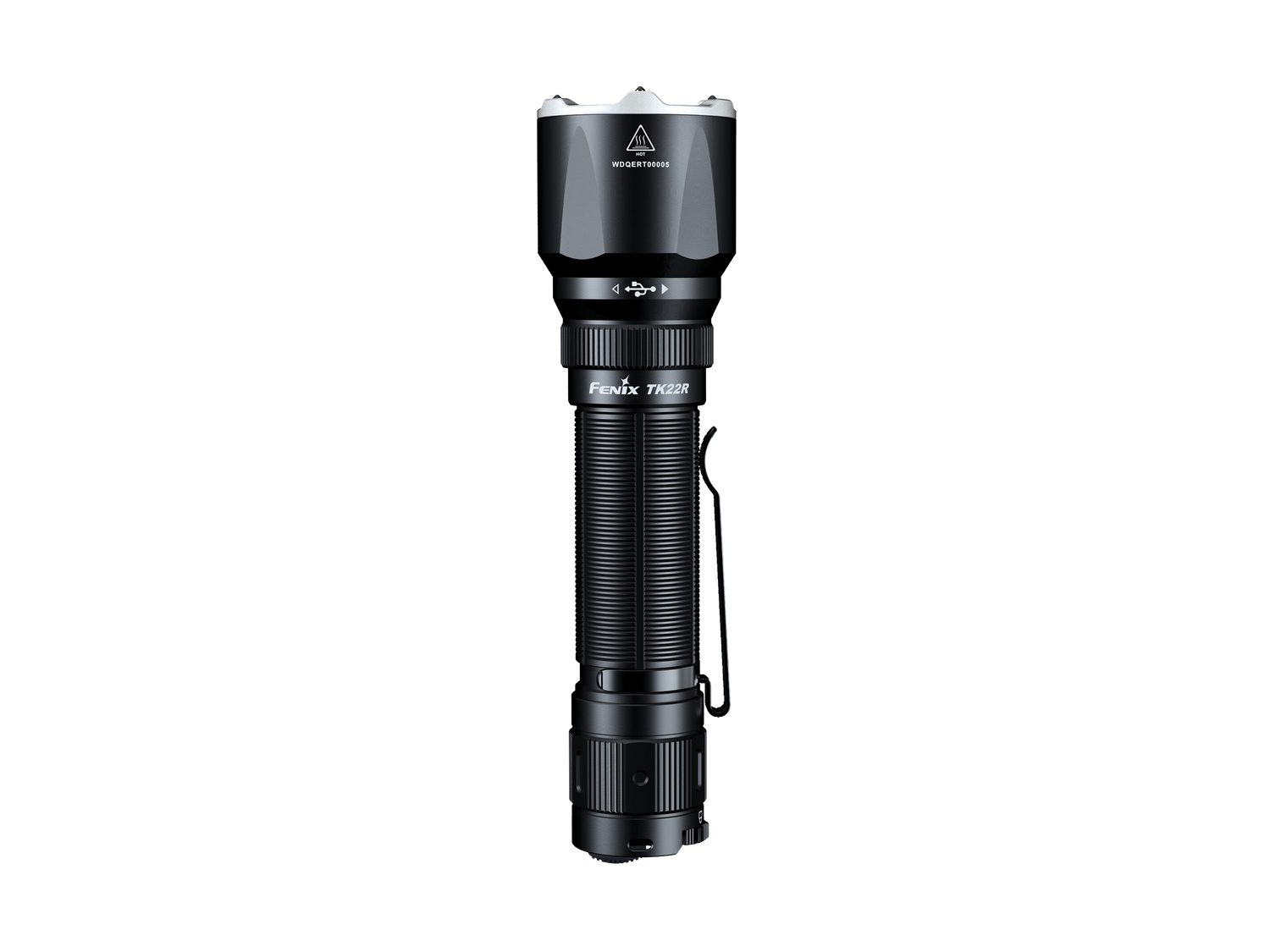Fenix TK22R rechargeable tactical duty flashlight with black body and textured grip, designed for outdoor and security use.