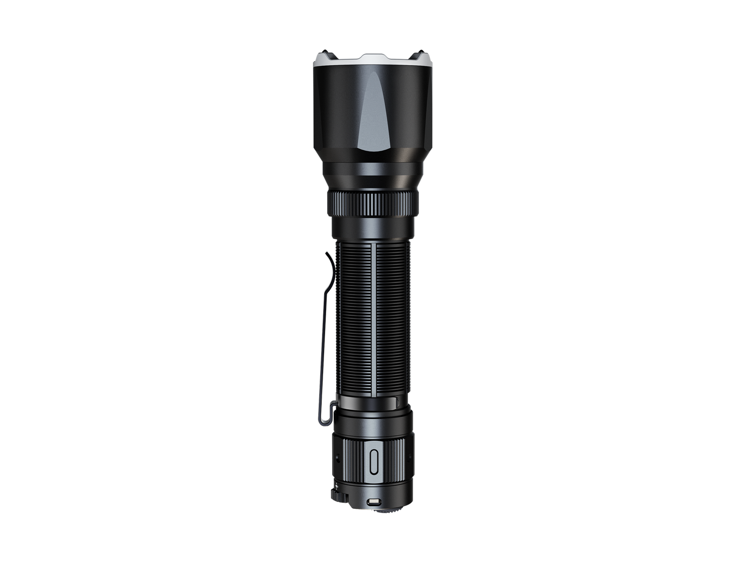 Fenix TK22R rechargeable tactical flashlight with black body and focused beam, designed for duty and outdoor use.