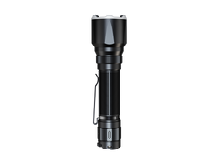 Fenix TK22R rechargeable tactical flashlight with black body and focused beam, designed for duty and outdoor use.