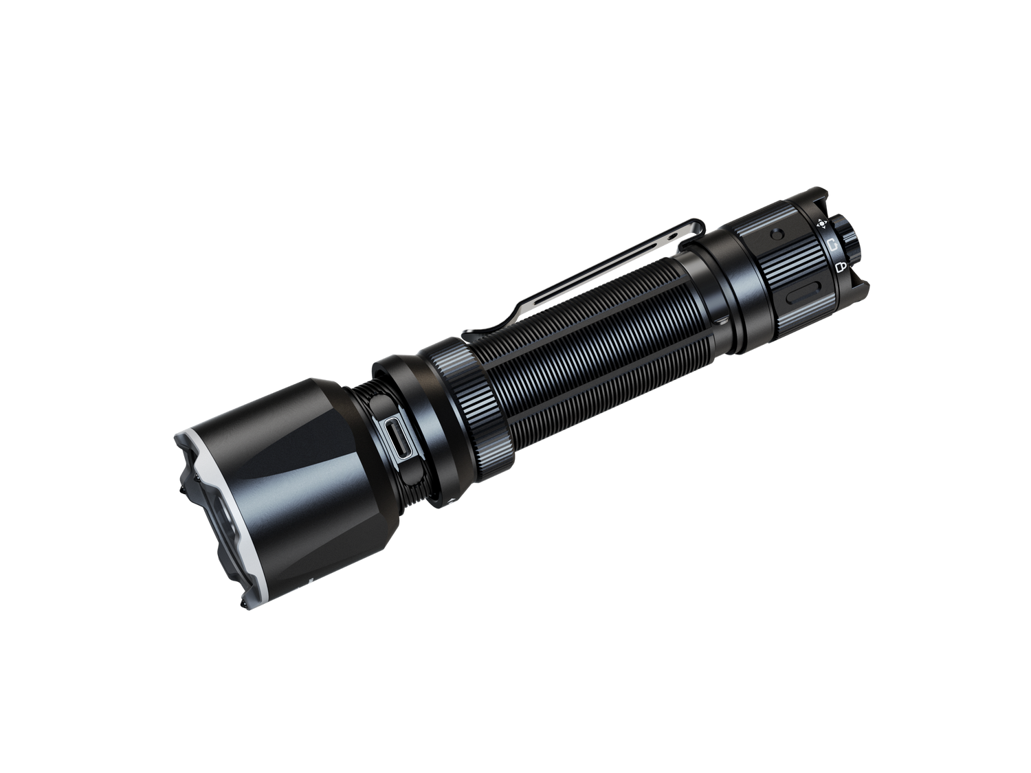 Fenix TK22R rechargeable tactical flashlight with textured grip and LED beam, designed for duty and outdoor use.