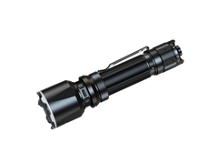 Fenix TK22R rechargeable tactical flashlight with textured grip and LED beam, designed for duty and outdoor use.