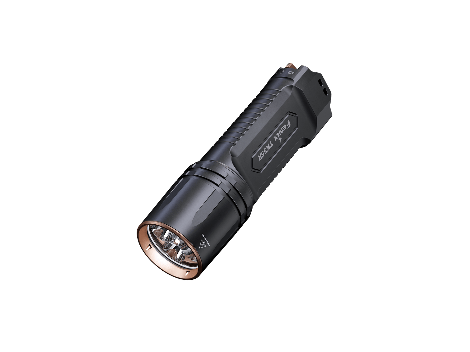 Fenix TK35R rechargeable tactical flashlight with UV light, black body, and textured grip, designed for high-performance outdoor use.
