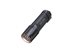 Fenix TK35R rechargeable tactical flashlight with UV light, black body, and textured grip, designed for high-performance outdoor use.