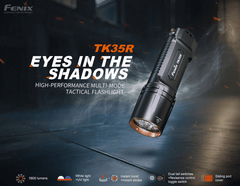 Fenix TK35R rechargeable tactical flashlight with UV light, black body, and textured grip for high-performance outdoor use