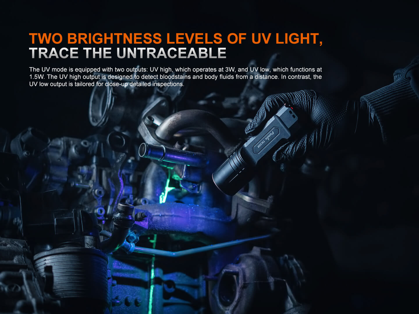 Fenix TK35R rechargeable tactical flashlight with UV light, black body, and textured grip for high-performance outdoor use.