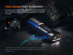 Fenix TK35R rechargeable tactical flashlight with UV output, black body, textured grip, and adjustable zoom for outdoor use.