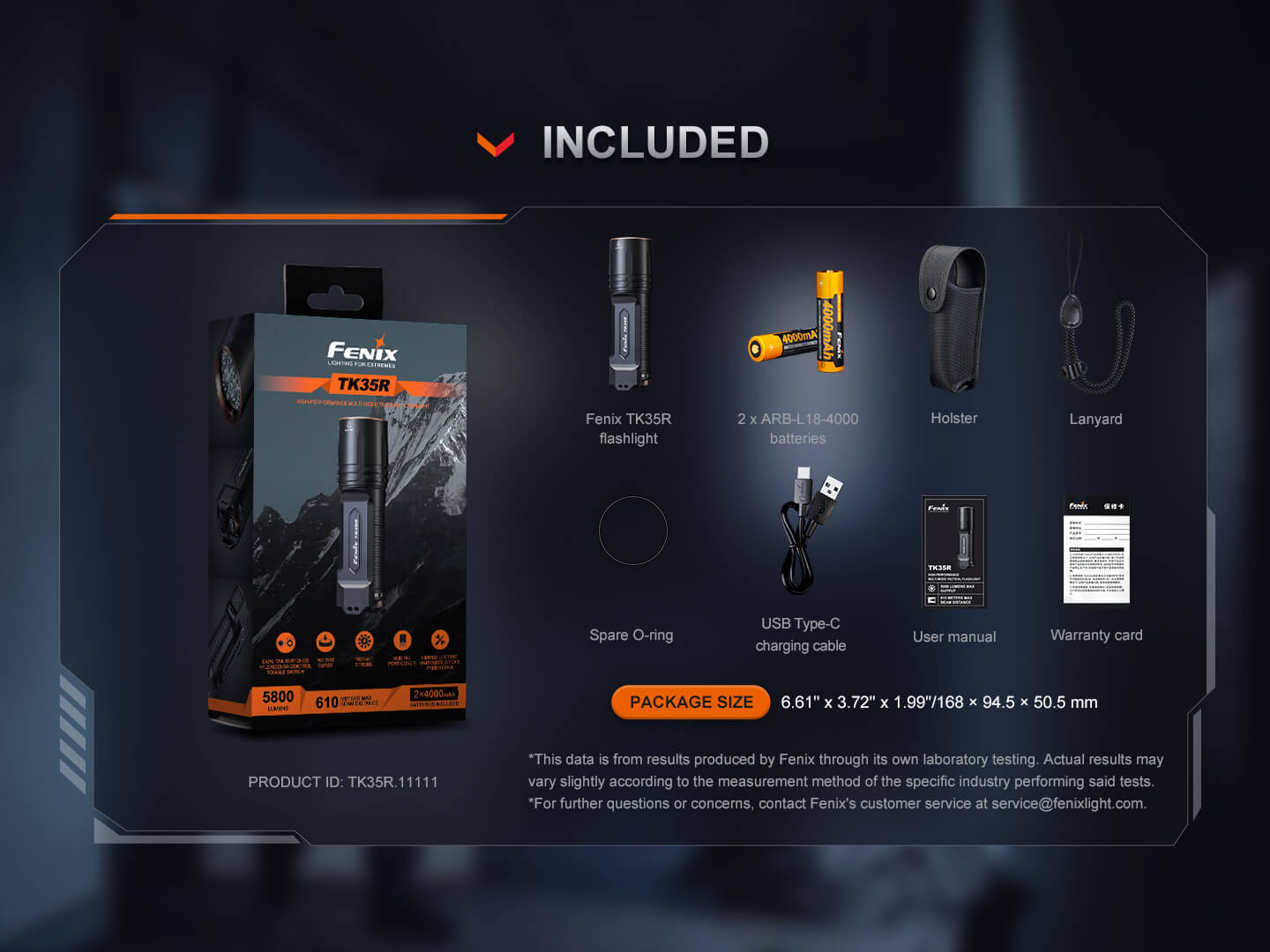 Fenix TK35R rechargeable tactical flashlight with UV output, black body, textured grip, and LED lens for high-performance illumination.