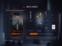 Fenix TK35R rechargeable tactical flashlight with UV output, black body, textured grip, and LED lens for high-performance illumination.