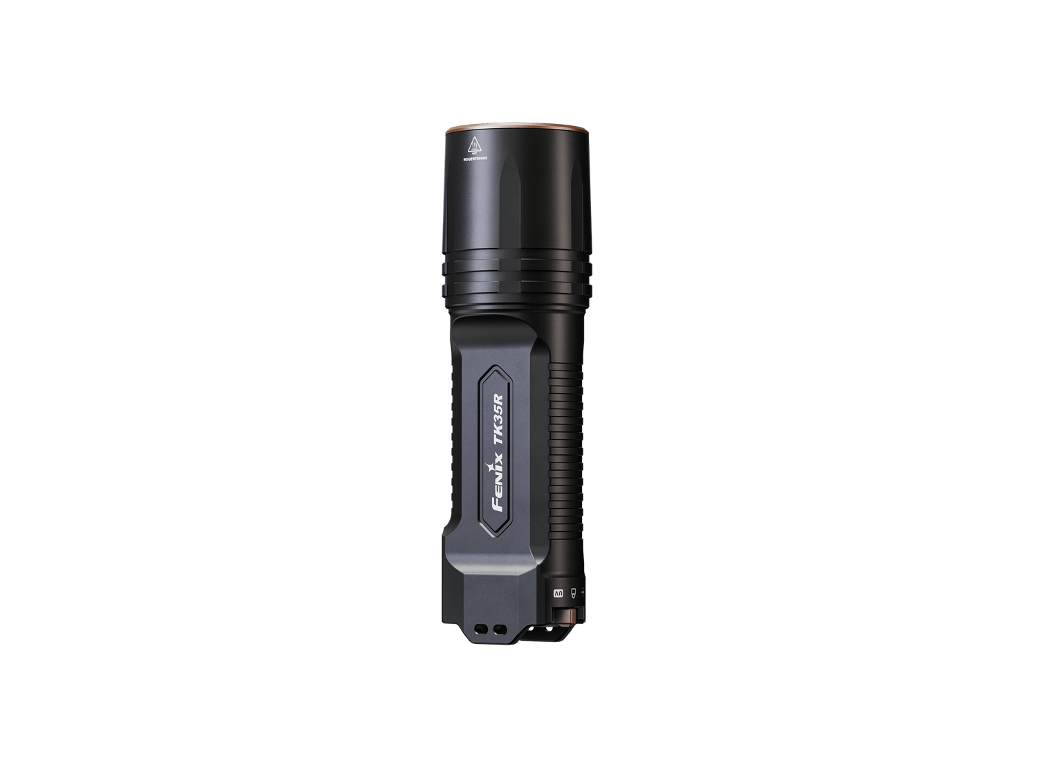 Fenix TK35R rechargeable tactical flashlight with UV output, black body, textured grip, and adjustable beam on a plain background.