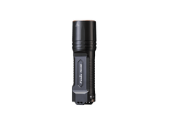 Fenix TK35R rechargeable tactical flashlight with UV output, black body, textured grip, and adjustable beam on a plain background.