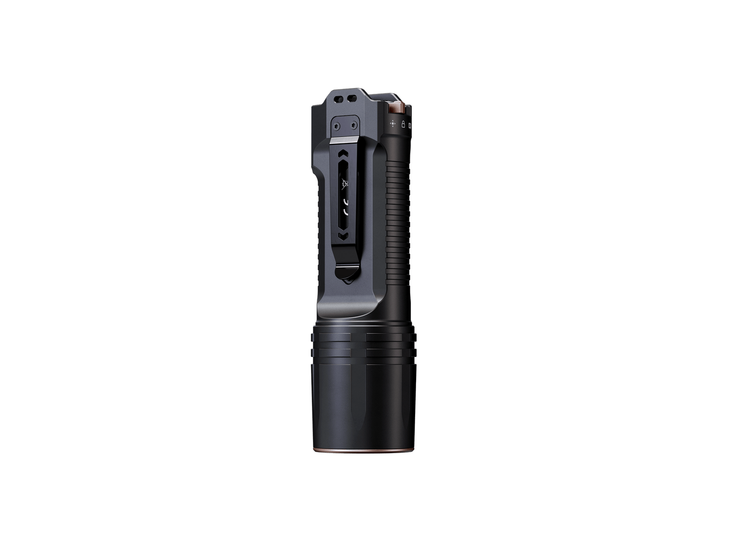 Fenix TK35R rechargeable tactical flashlight with UV light, black body, textured grip, and adjustable focus.
