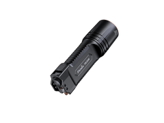 Fenix TK35R rechargeable tactical flashlight with UV output, black body, and textured grip for high-performance illumination.