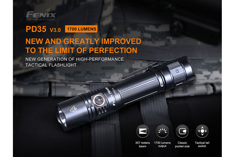 Fenix PD35 V3.0 tactical flashlight in green, featuring a compact design and 1700 lumens brightness for everyday carry.