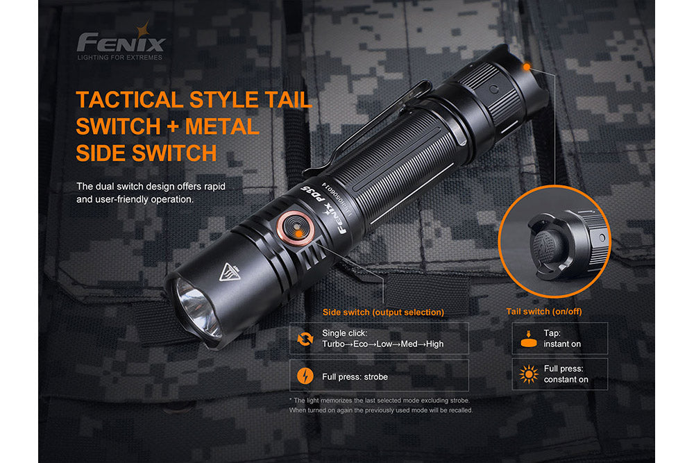 Fenix PD35 V3.0 tactical flashlight in tropic green, showing compact design with textured grip and LED lens for everyday carry.