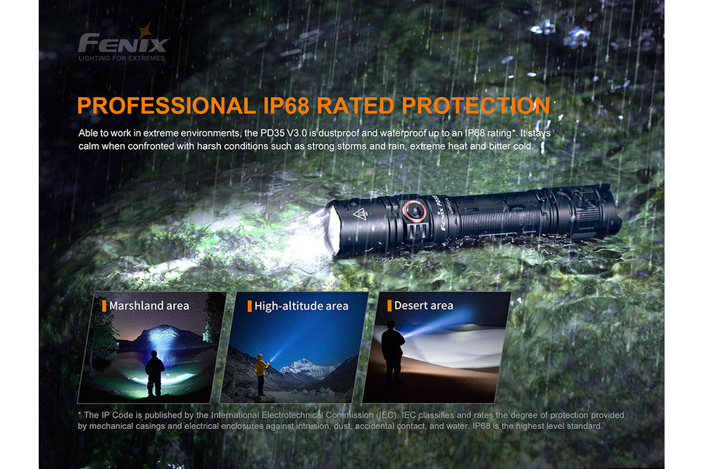 Fenix PD35 V3.0 tactical flashlight in tropic green, 1700 lumens, compact EDC design with focused beam and textured grip.