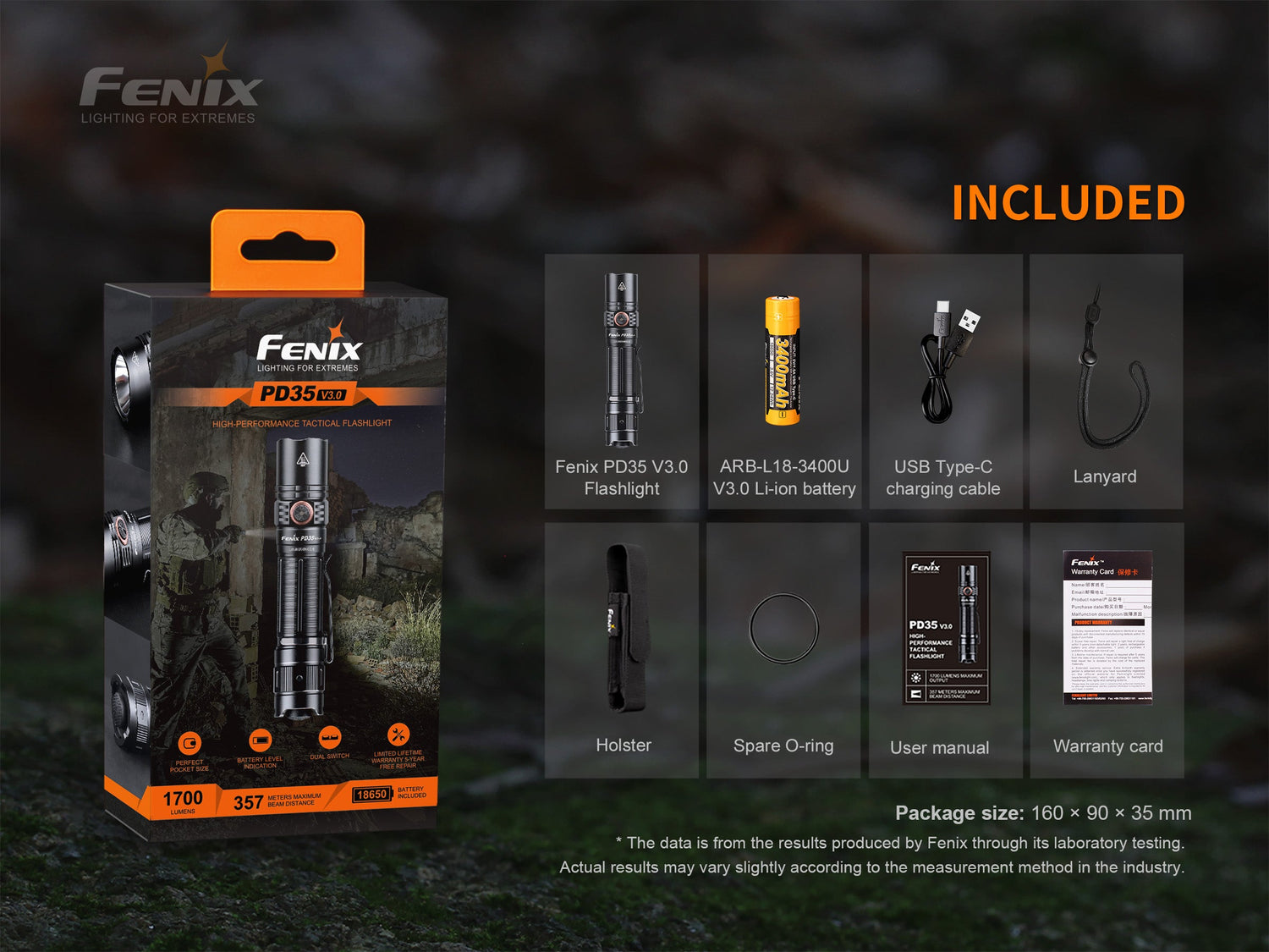Fenix PD35 V3.0 tactical flashlight in tropic green, featuring a compact design with 1700 lumens output and adjustable focus.