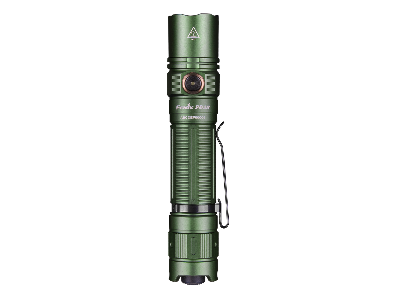 Fenix PD35 V3.0 tactical flashlight in tropic green with 1700 lumens, compact design for everyday carry and outdoor use.