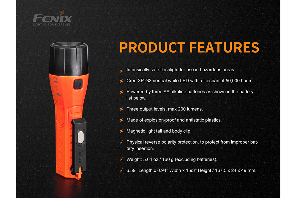 Fenix WF11E intrinsically safe work flashlight with LED light, compact design, orange body, and sturdy construction for safety and durability.