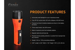 Fenix WF11E intrinsically safe work flashlight with LED light, compact design, orange body, and sturdy construction for safety and durability.