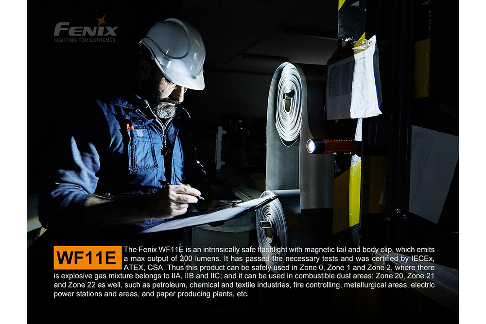Fenix WF11E intrinsically safe work flashlight with durable body and LED light for industrial safety applications