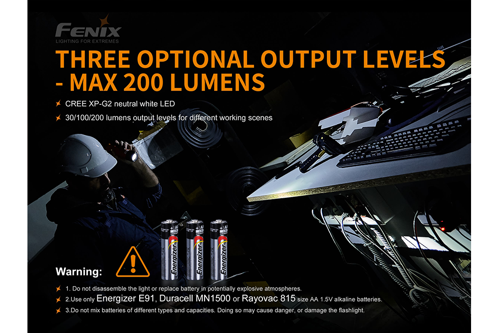 Fenix WF11E intrinsically safe work flashlight with durable body and LED beam, designed for industrial and hazardous environments.