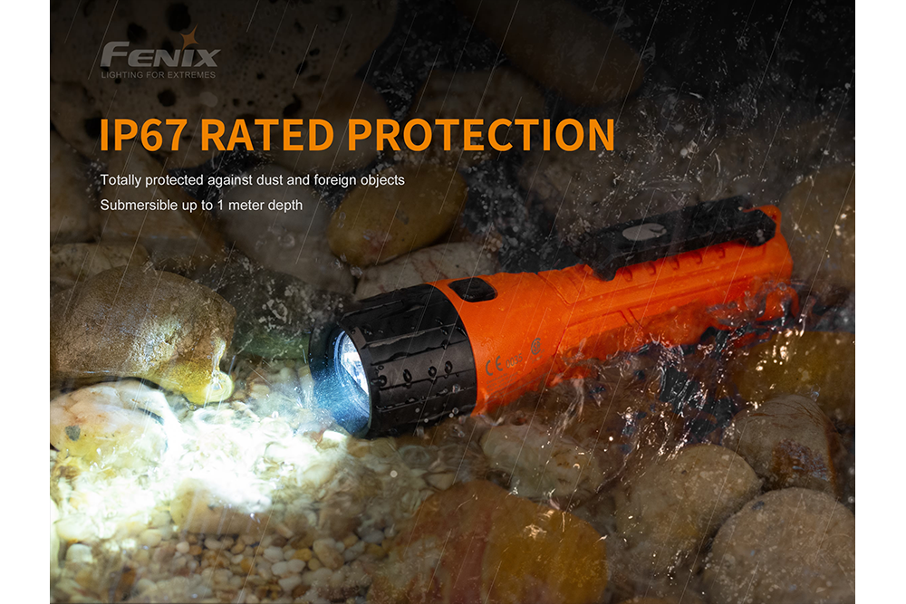 Fenix WF11E intrinsically safe work flashlight with durable metal body and LED light, suitable for hazardous environments.
