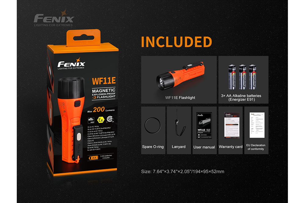 Fenix WF11E intrinsically safe work flashlight with sturdy design and LED light, suitable for hazardous environments.