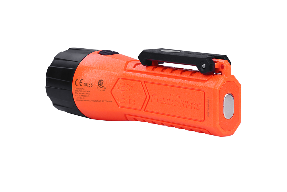 Fenix WF11E work flashlight, intrinsically safe design, compact black flashlight with textured grip and LED light for industrial use