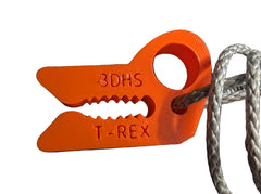 T-Rex Tether Clip by 3D Hunting Solutions for mobile and saddle hunting, shown attached to hunting gear and tree saddle.
