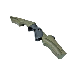 Left-handed Vantage Point Archery VPA Riser in OD green, 13-inch all-purpose archery bow riser with ergonomic design.