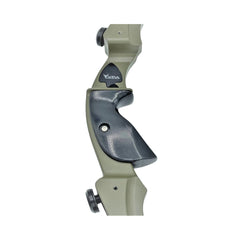 Left-handed Vantage Point Archery VPA Riser in OD green, 13-inch all-purpose bow riser for archery enthusiasts.