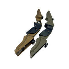 Left-handed Vantage Point Archery VPA Riser in OD green, 13-inch all-purpose archery riser with ergonomic design.