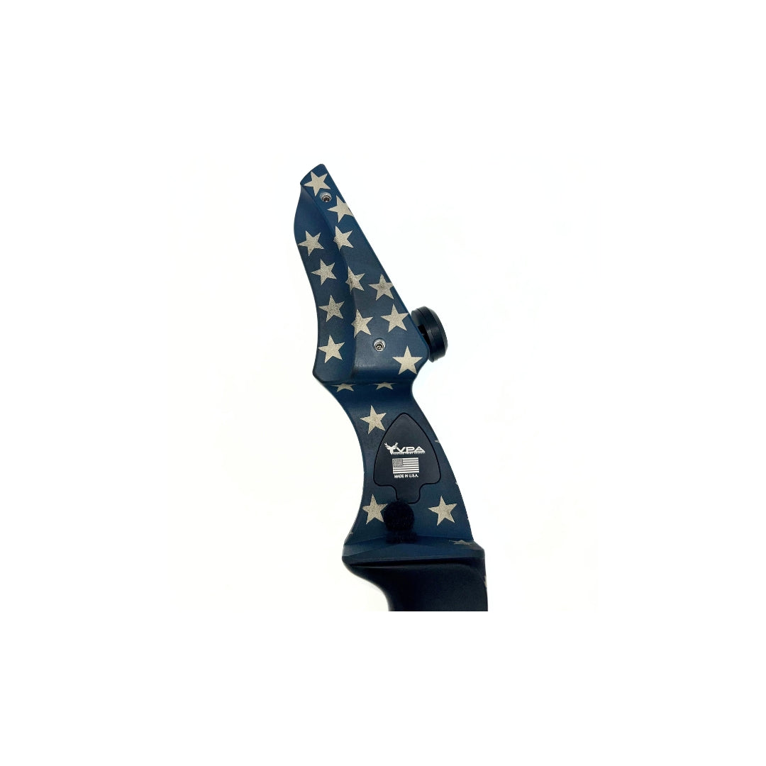 Left-handed Vantage Point Archery VPA Riser in OD Green, 13-inch All Products model with detailed close-up view.