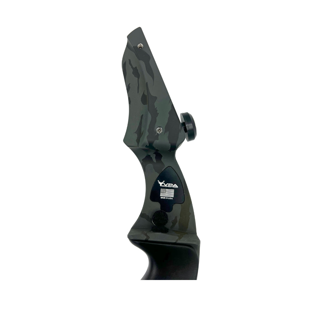Left-handed Vantage Point Archery VPA Riser in OD green, 13-inch all-purpose bow riser with ergonomic design.
