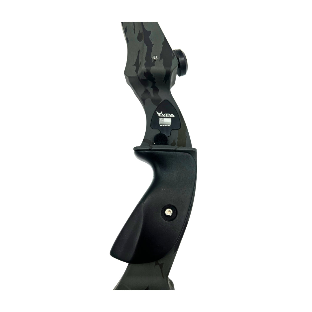 Left-handed Vantage Point Archery VPA Riser in OD green, 13-inch all-purpose archery riser with ergonomic design.