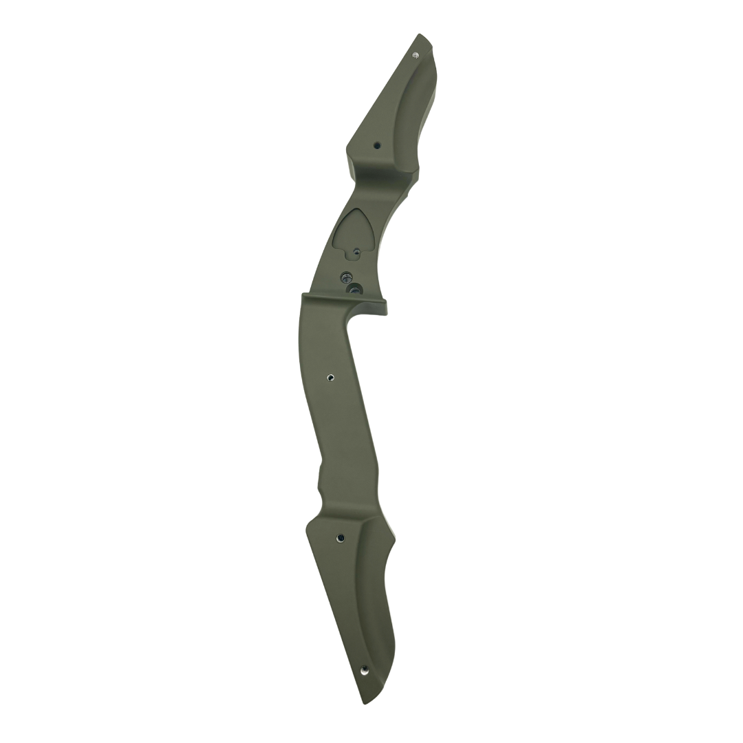 Left-handed Vantage Point Archery VPA Riser in OD Green, 13-inch all-purpose archery bow riser for precision shooting.